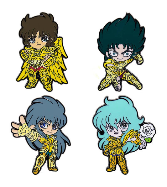 Set de 4 pines Caballeros del Zodiaco Dorados Aiolos, Shura, Camus y Aphodite